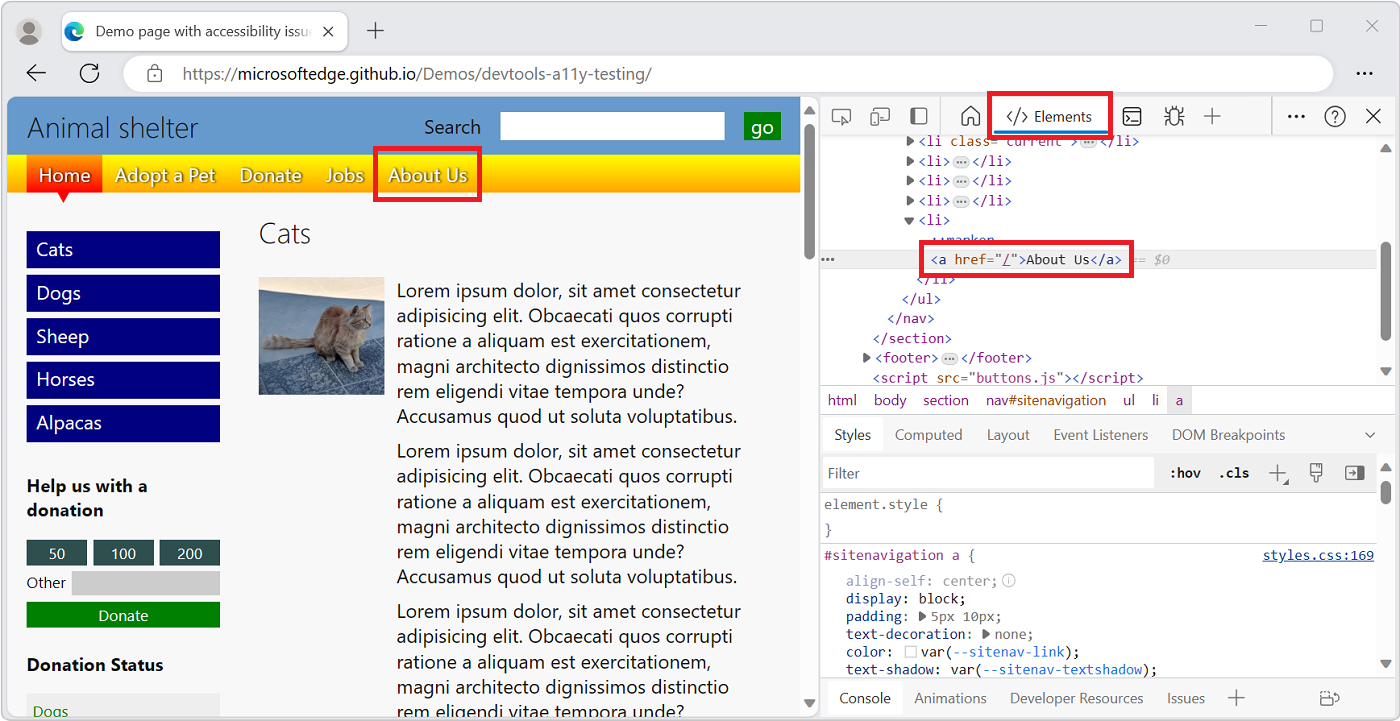 DevTools opened in the right side of Microsoft Edge, with a DOM element selected in the DOM tree in the Elements tool