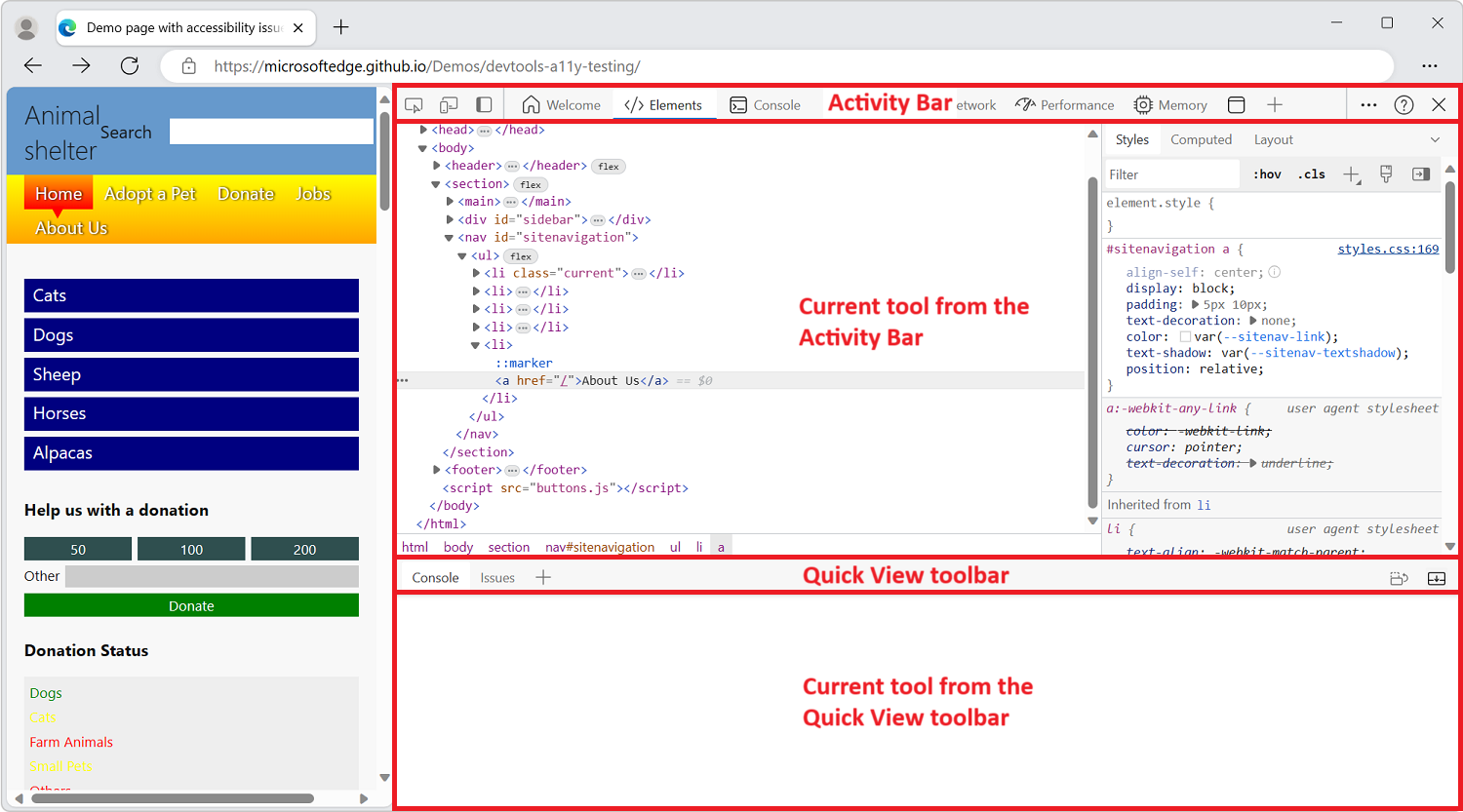 Microsoft Edge, with DevTools opened on the side, with the 4 main UI areas highlighted