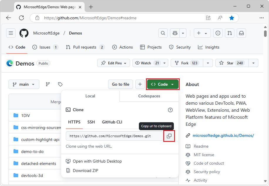 The Code button of the Demos repo to get the web URL