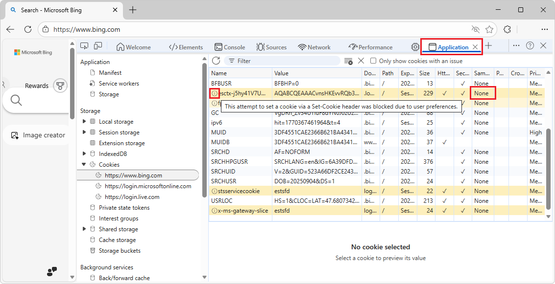 Cookies in Application tool that are blocked have an info icon