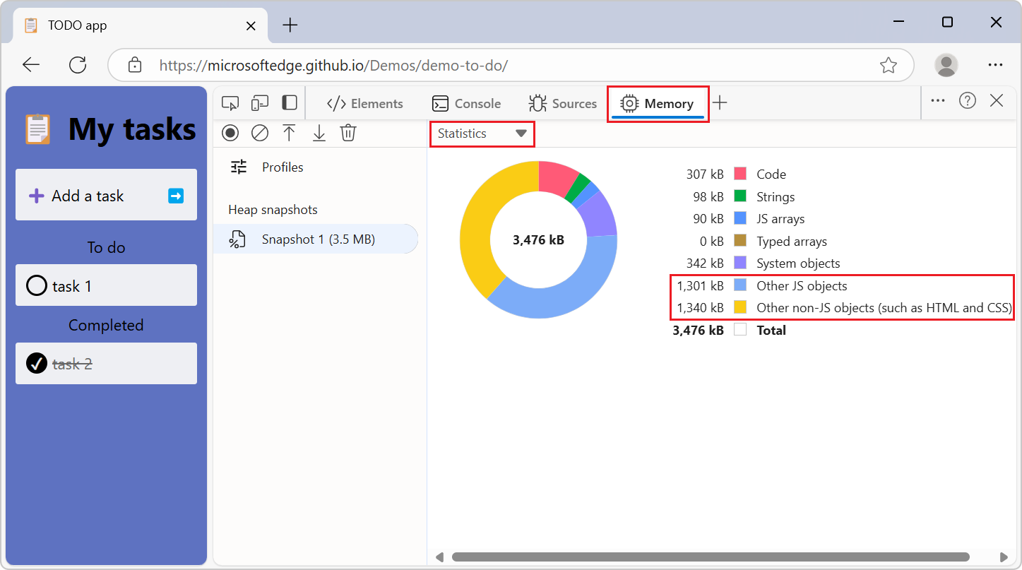 Heap snapshot statistic view after