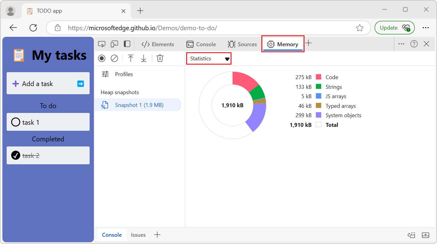 Heap snapshot statistic view before