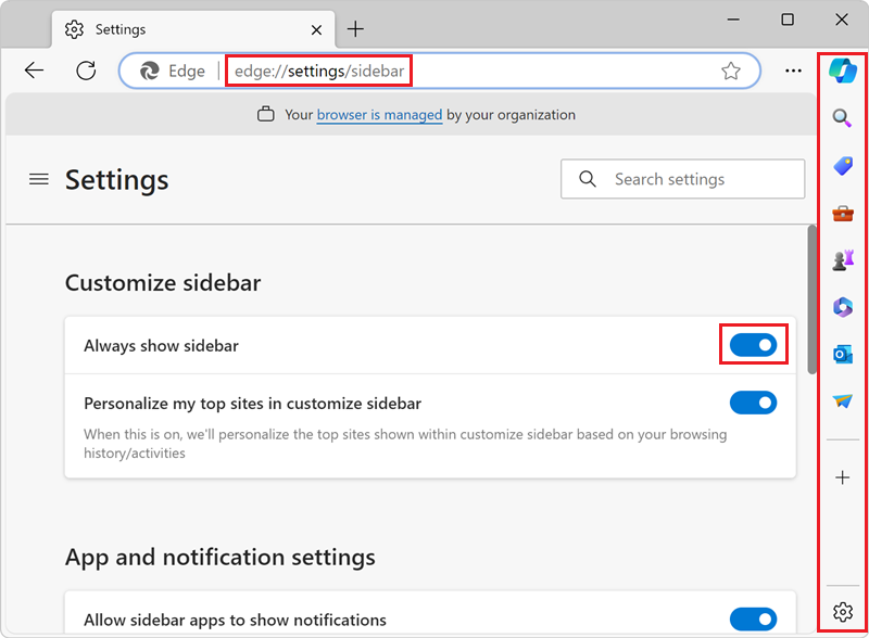 The Edge Settings page with the "Always show sidebar" setting