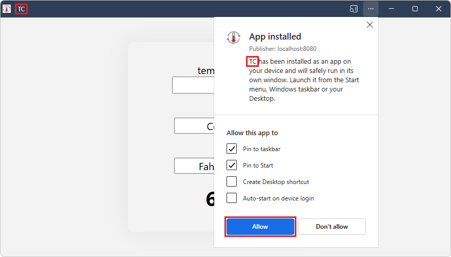 The App installed" dialog in the standalone app window (modified)