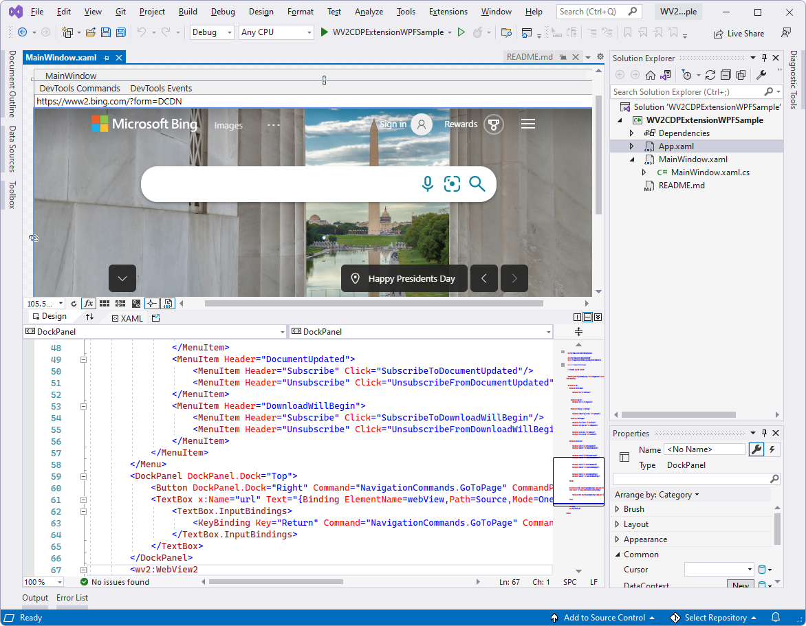 The WV2CDPExtensionWPFSample sample opened in Visual Studio in Solution Explorer