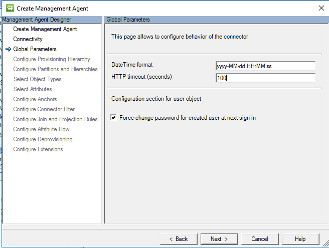 Screenshot showing values for global parameters and a Next button.