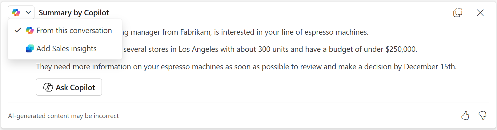 Skærmbillede af en Copilot mailoversigt i Outlook på internettet.