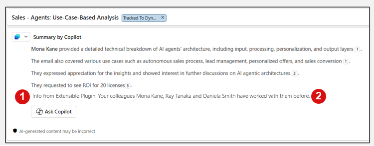 Skærmbillede, der viser indsigt fra partnerapps i mailens brødtekst.