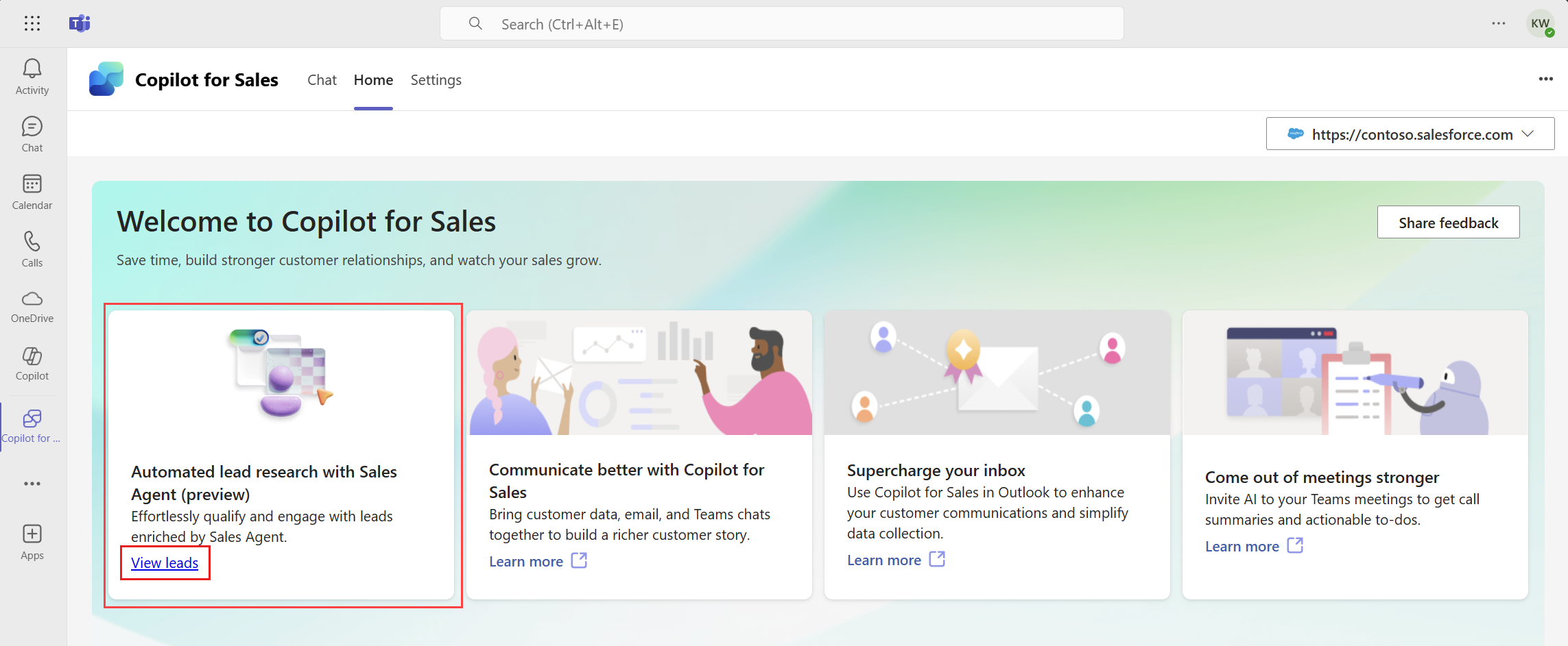 Skærmbillede, der viser startsiden for den personlige sales-app med kortet for salgsagenten.