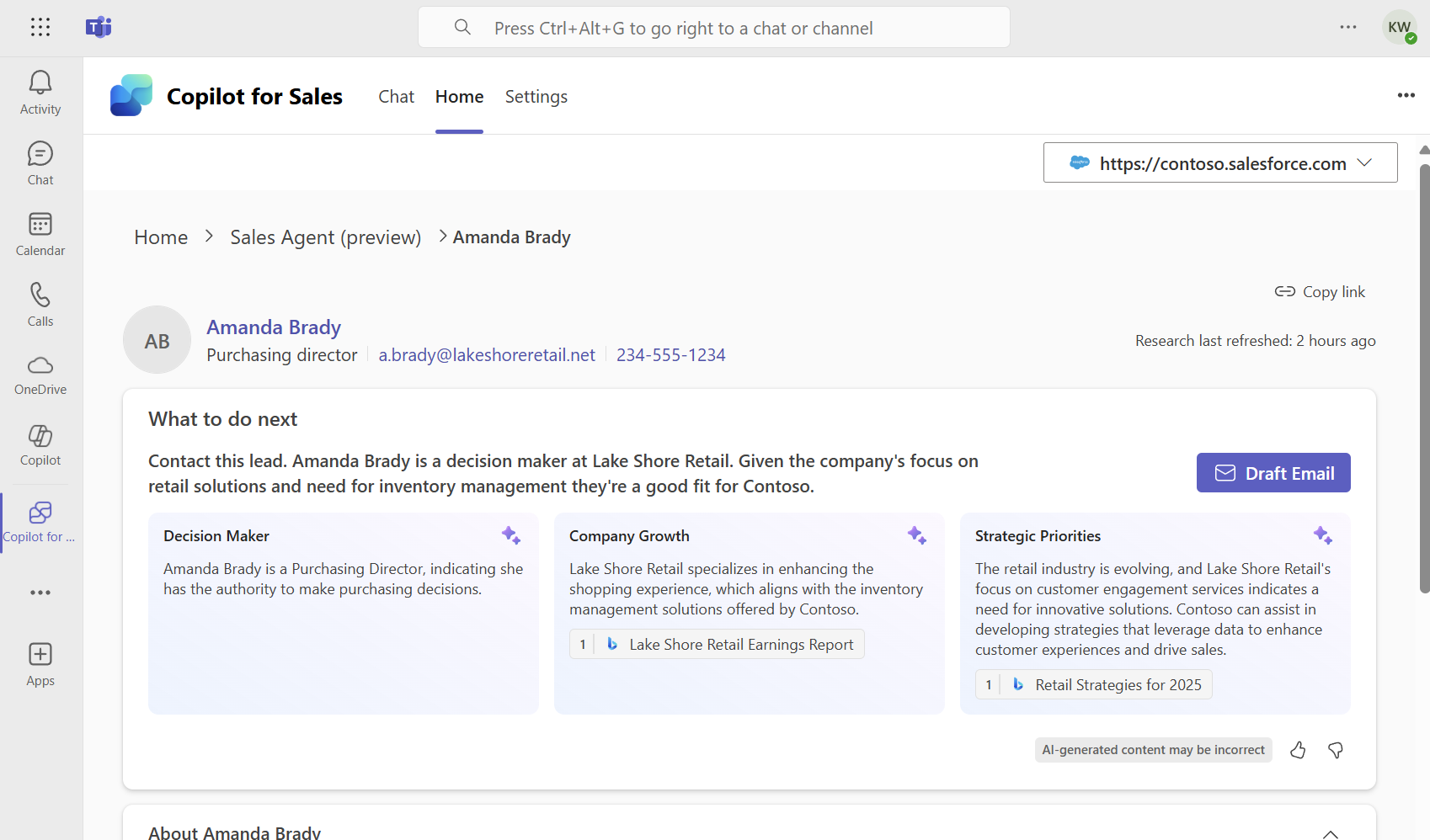 Skærmbillede, der viser salgsagentens opslagsoplysninger for et kundeemne.
