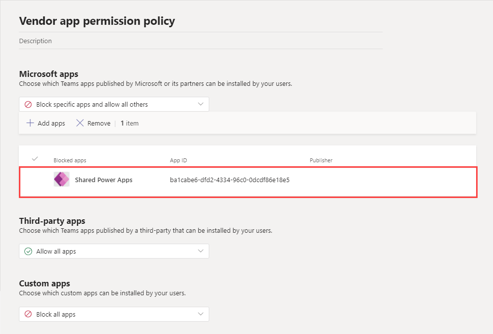Screenshot of example custom policy for app permissions with Shared Power Apps blocked.