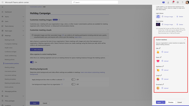 Screenshot of the Meeting themes pane, showing the Custom reactions section and the Upload option for each reaction.
