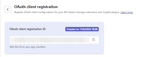 Screenshot shows the OAuth client registration ID generated in Developer POrtal for Teams.
