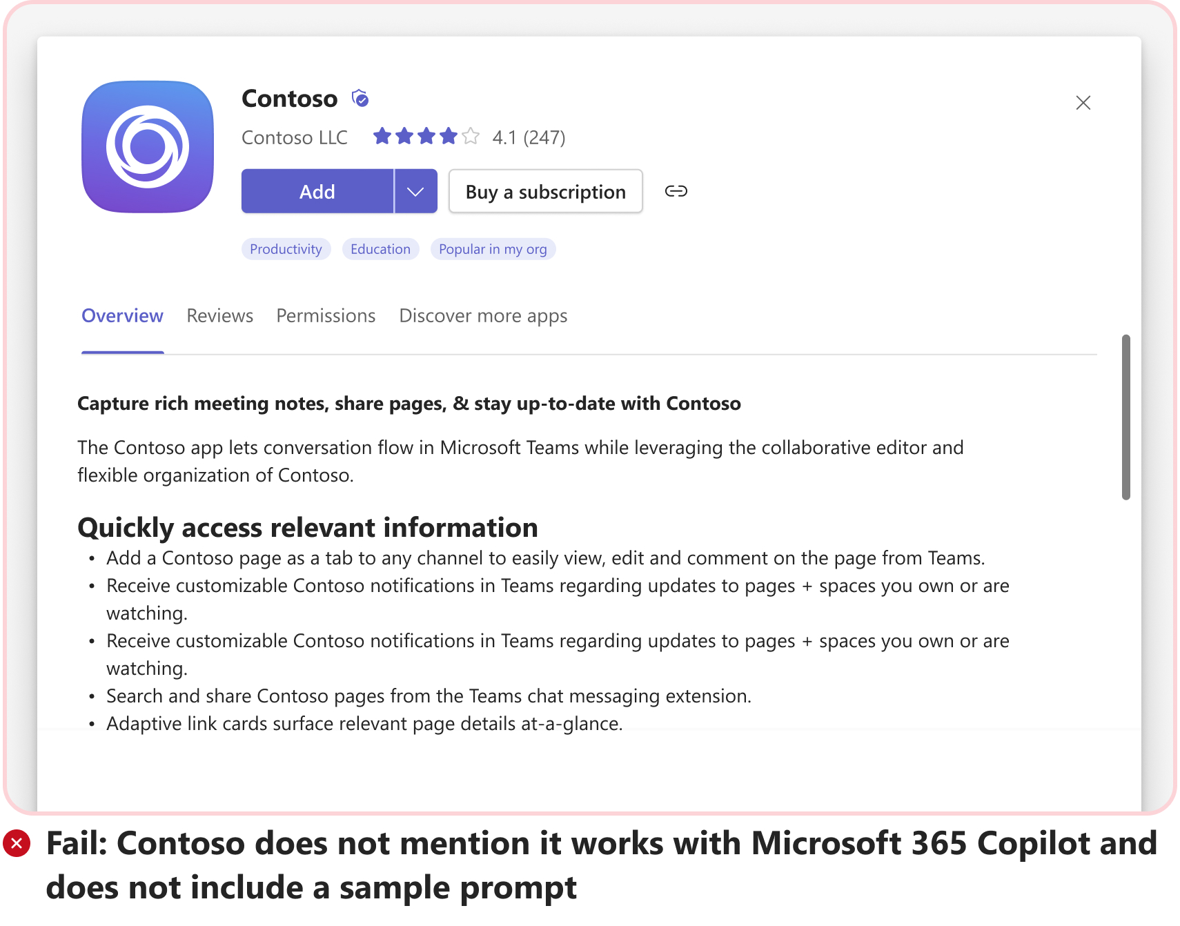 Screenshot shows a fail scenario without an example of sample prompt for message extension as an agent in Microsoft 365 Copilot.