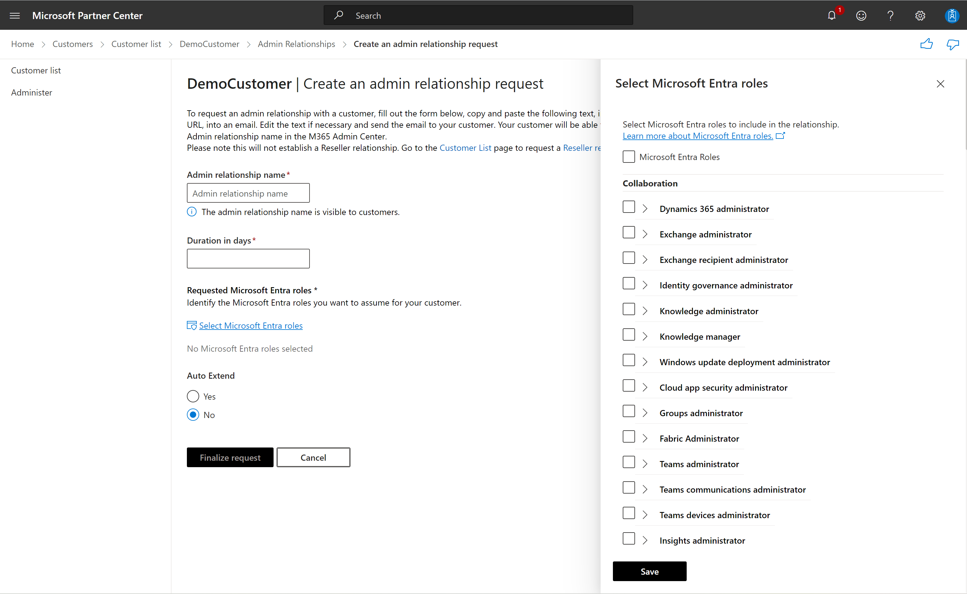 Screenshot depicting admin relationship request form.