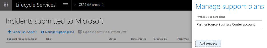 Screenshot of the Manage support plans flyout in the Incidents submitted to Microsoft page.