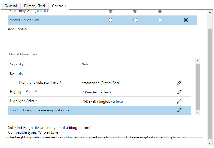 Table configuration.