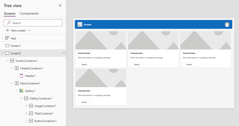 Skærmbillede, der viser skærmbilledet Sidehoved og galleri.