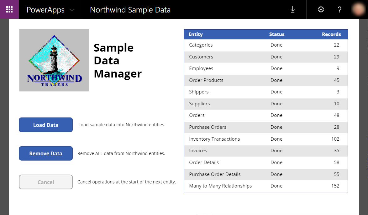 Sample Data Manager, efter data er indlæst.