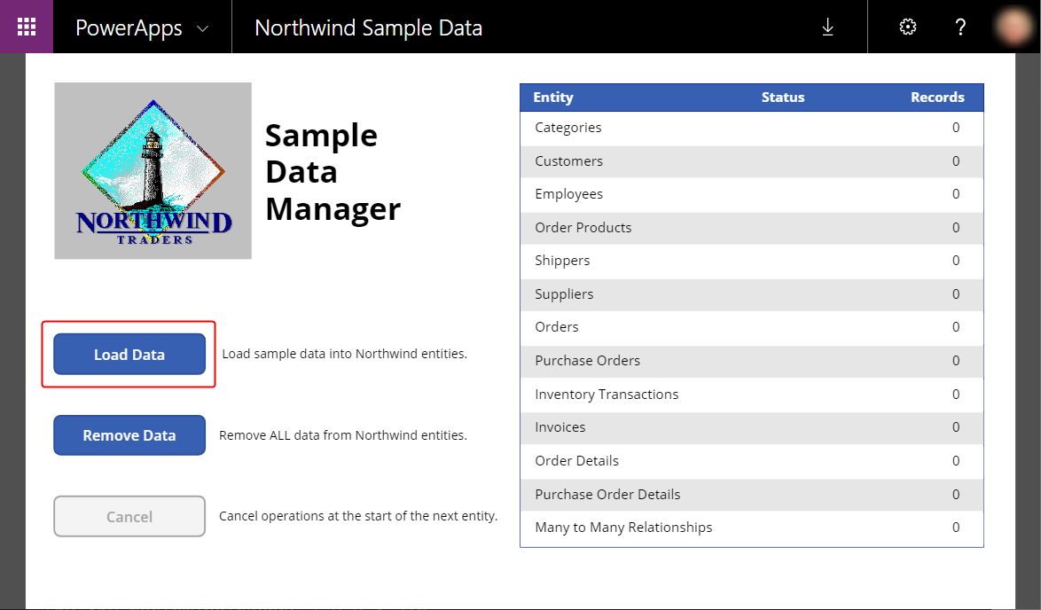 Knappen Indlæs data i Sample Data Manager.