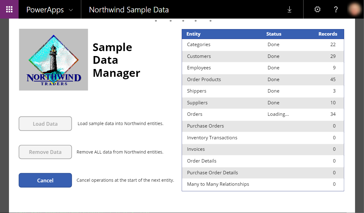 Sample Data Manager, når data indlæses.