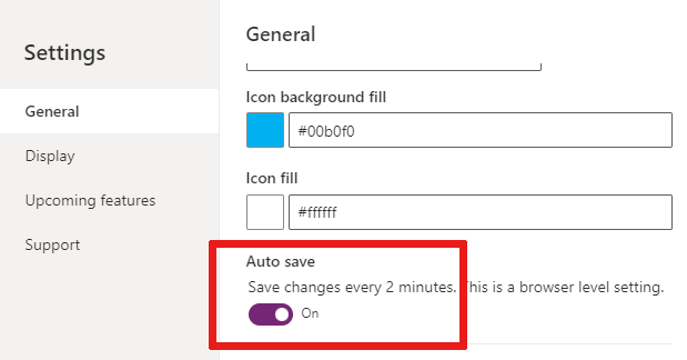 Screenshot af autosave-til/fra-placeringen i Power Apps settings.