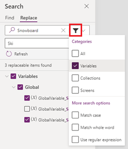 Filtrer resultatlisten, så der kun vises valgte kategorier af resultater.