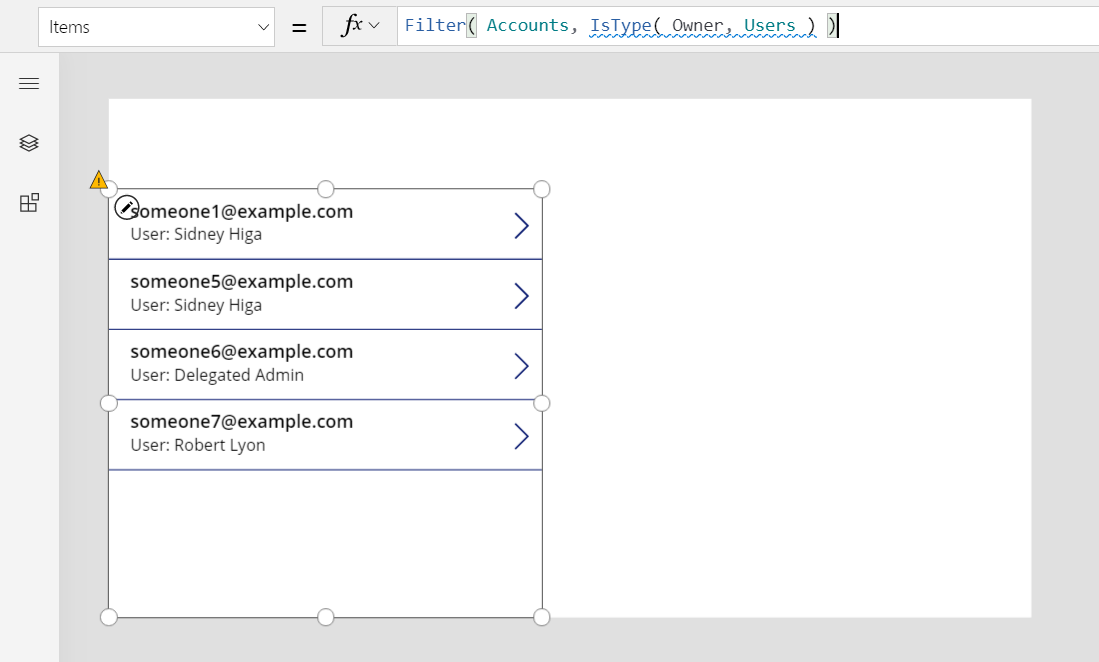 Filtrer efter ejertype ved hjælp af IsType.