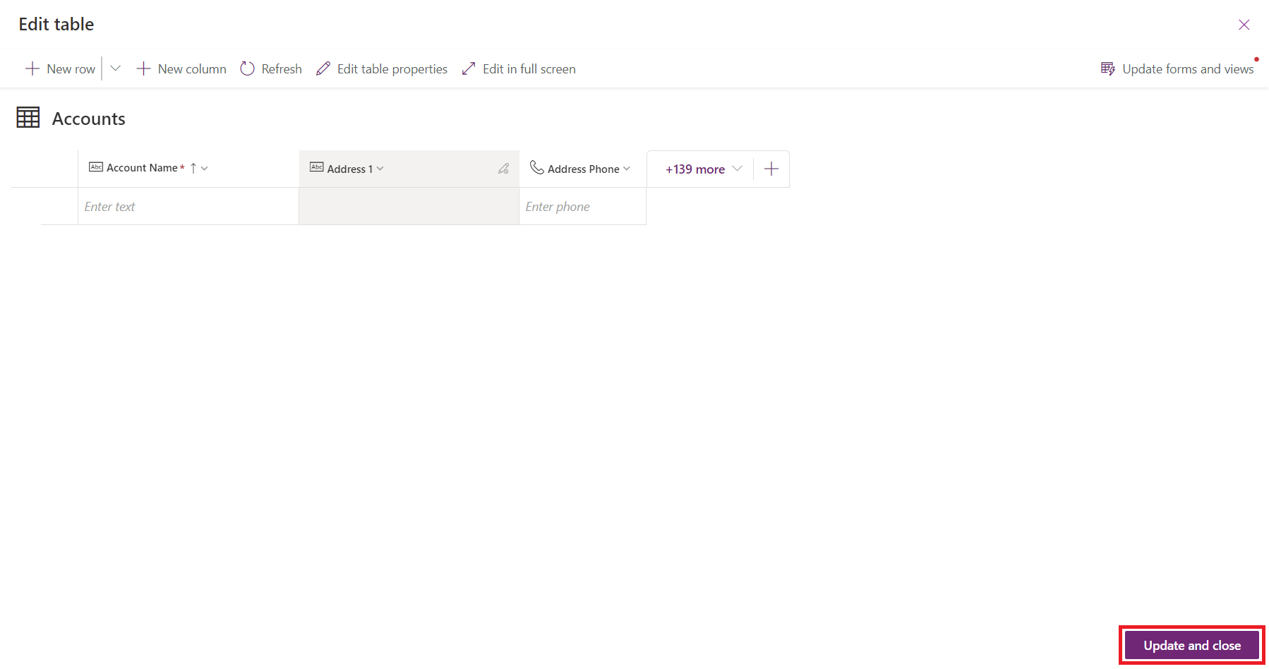 Opdater og luk knappen i den indbyggede tabeldesigner.