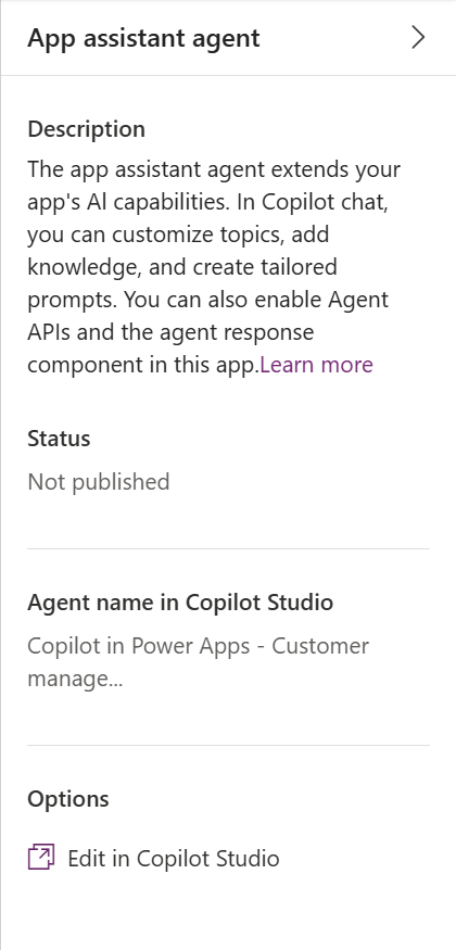 Appassistentagentens egenskabsrude er ikke publiceret