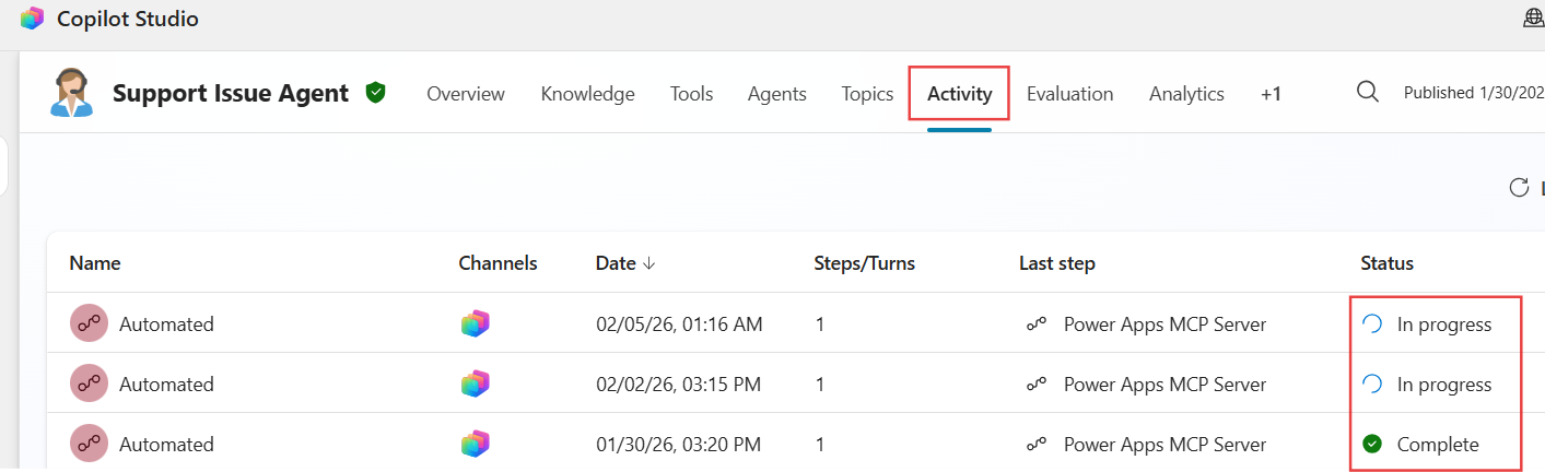 Status for igangværende i Copilot Studio