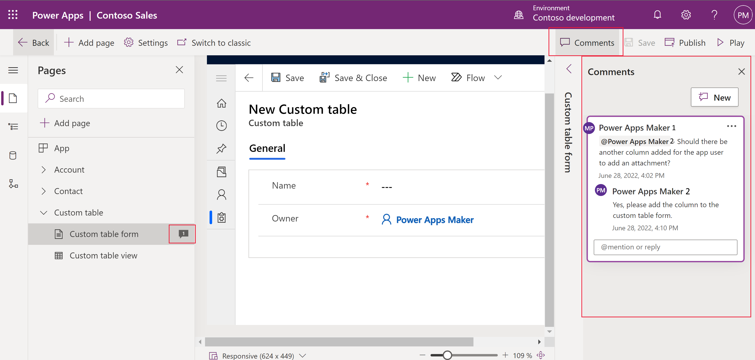 Funktionen Kommentarer i appdesigneren