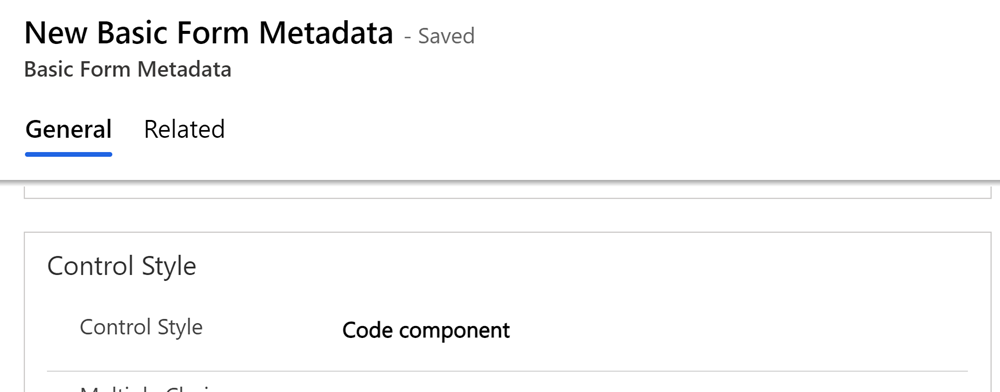 Konfiguration af basisformularmetadata, der angiver kontrolelementformatet til 'kodekomponent'.