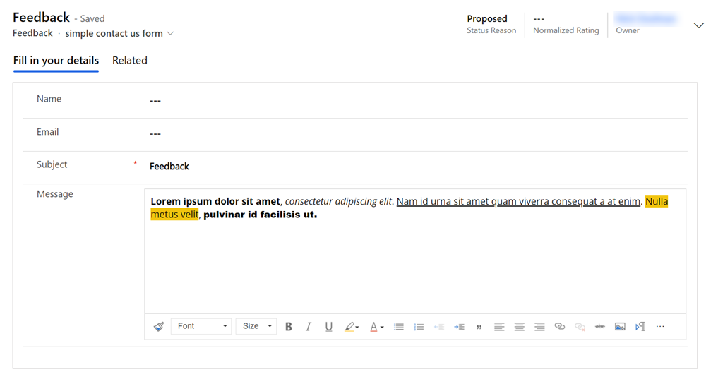 Rich text editor til en feedbacktabel.