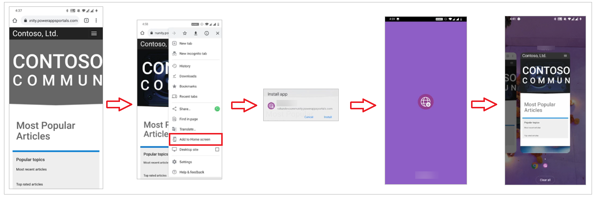 En sekvens af billeder, hvor det første billede viser en portal, der er åben i en browser på en mobilenhed, det næste billede, der viser menukommandoen Føj til startskærmbilledet. Det næste billede, brugeren bliver bedt om at installere appen, og det sidste billede viser appen med sin brugerdefinerede baggrund og branding, der fungerer som en indbygget mobilapp.