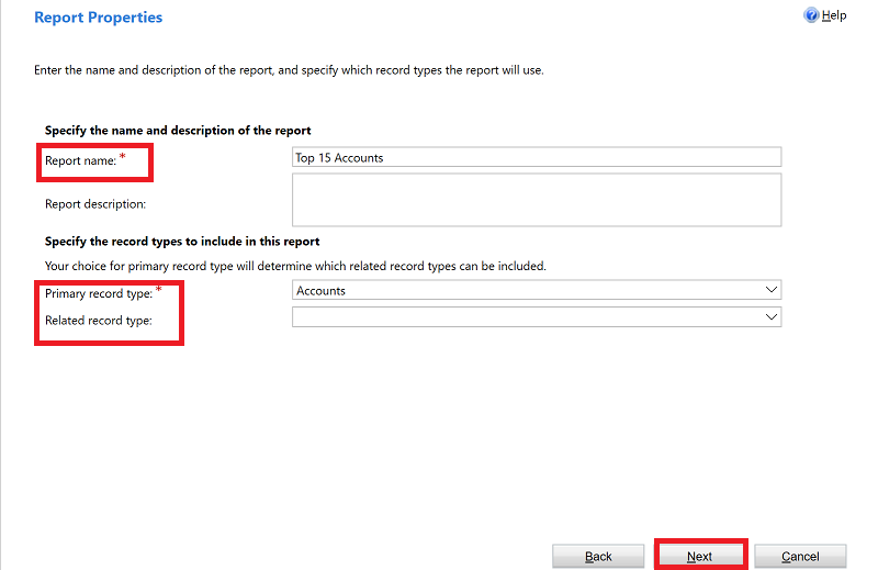 Skærmbilledet Egenskaber for rapport Skærmen Egenskaber for rapport.