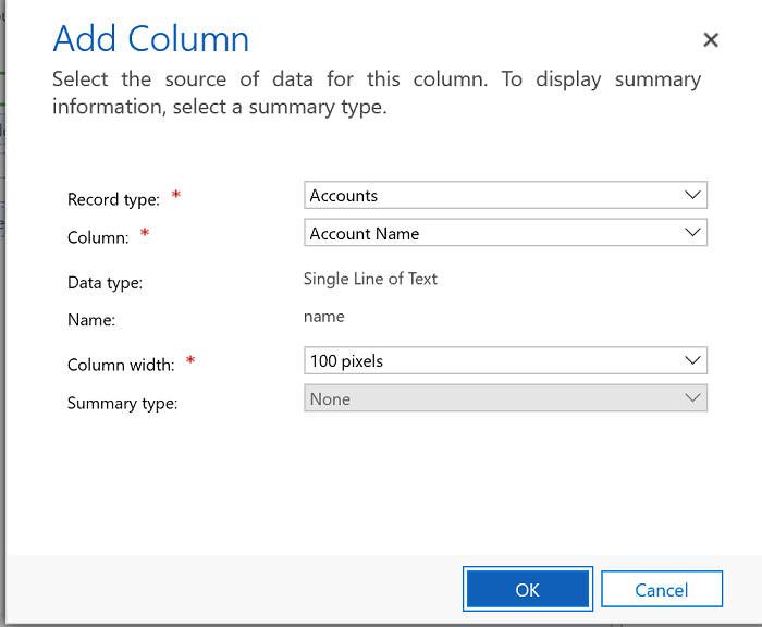 Skærmbilledet Tilføj kolonne Skærmen Tilføj kolonne.