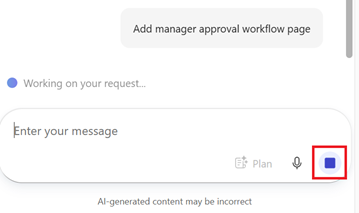 Skærmbilledet af stopknappen, der bruges til at annullere en chatanmodning i Power Apps vibe.