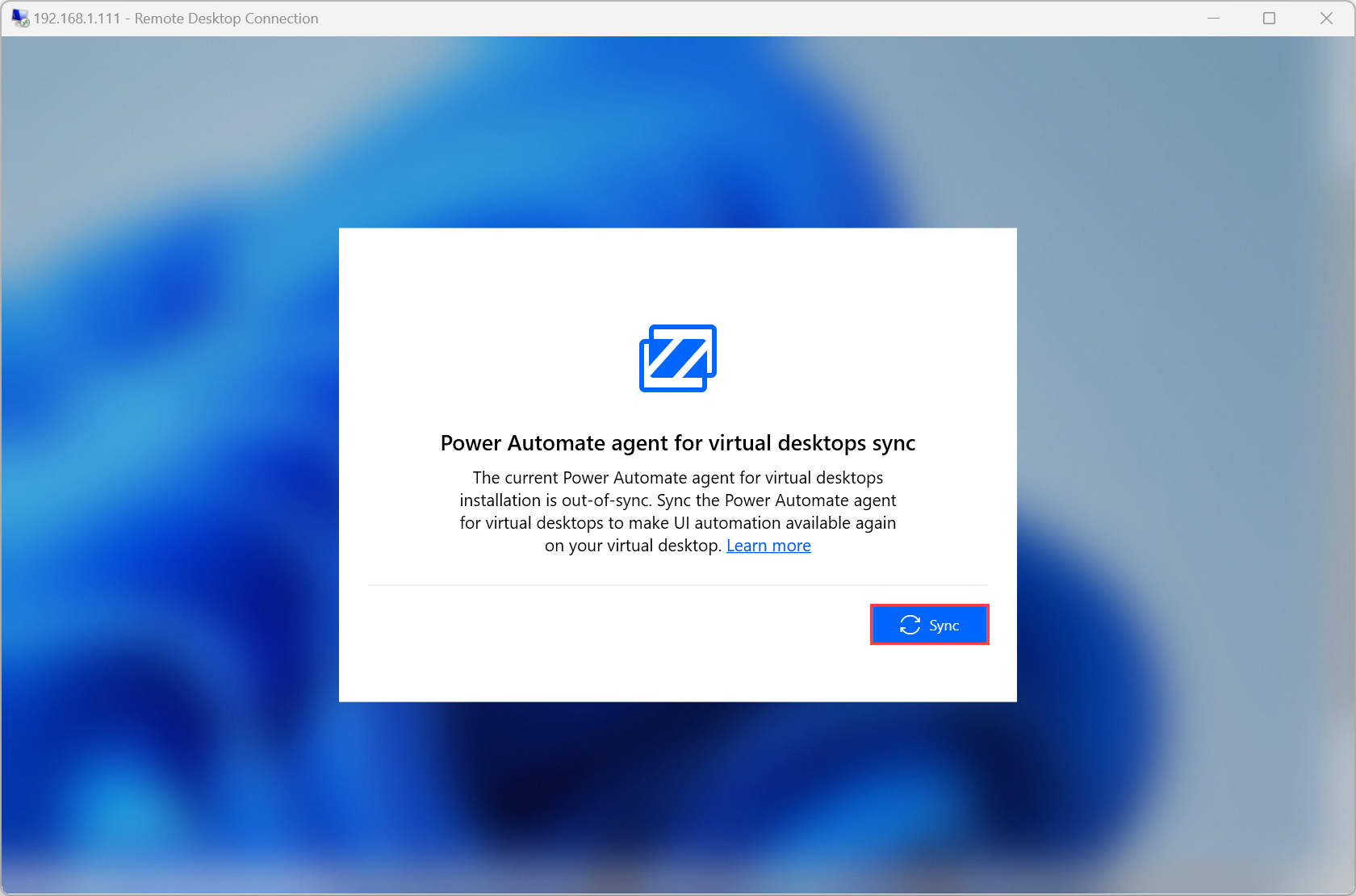 Skærmbillede af meddelelsen om at synkronisere Power Automate og Power Automate-agent til virtuelle skriveborde.