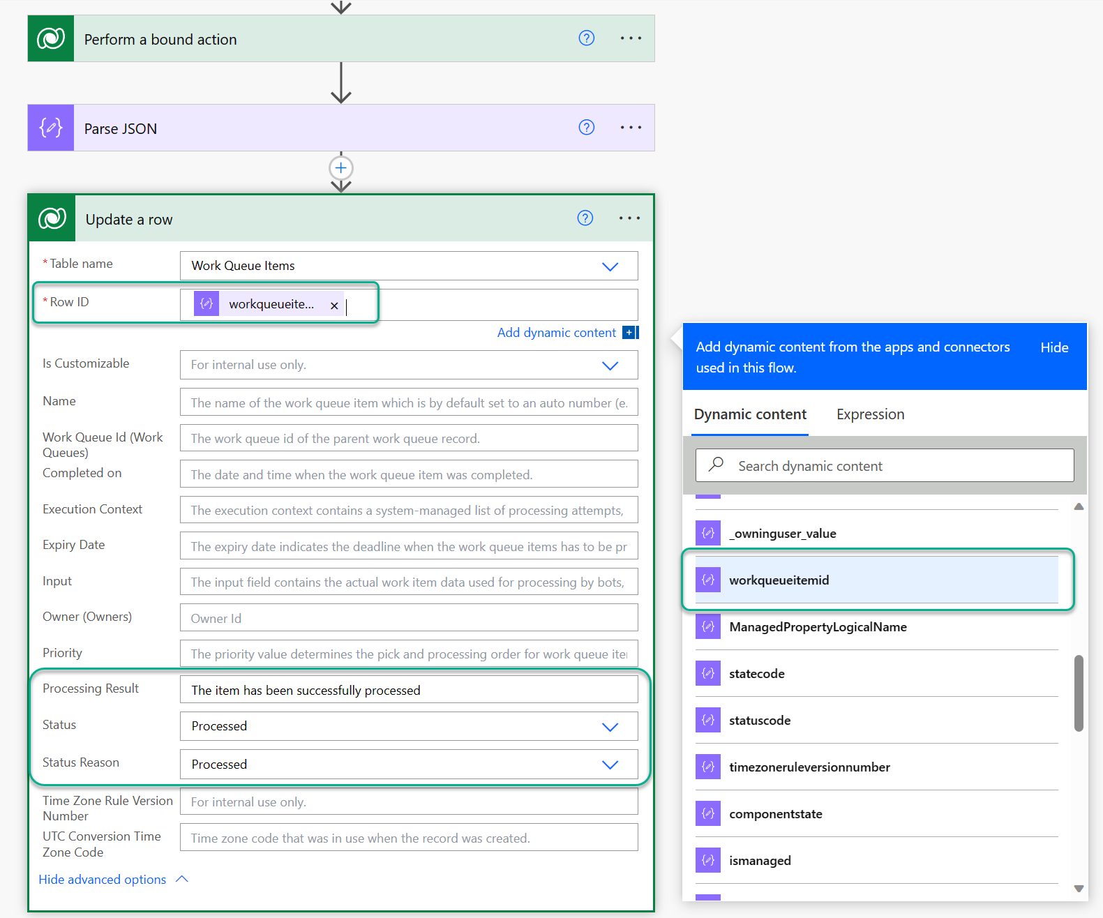 Skærmbillede af en skyflowdesigner, der viser opdatering af en rækkehandling for Dataverse-connectoren med elementværdier for arbejdskøen.