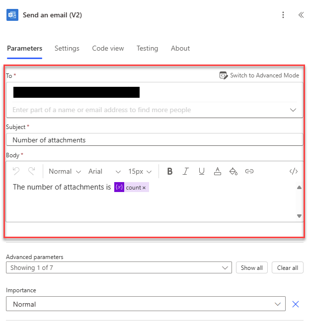 Skærmbillede af tilføjelse af en handling, der sender resultater.