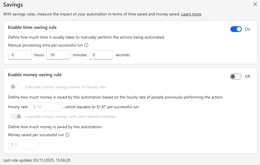 Screenshot of the saving rule edition screen.