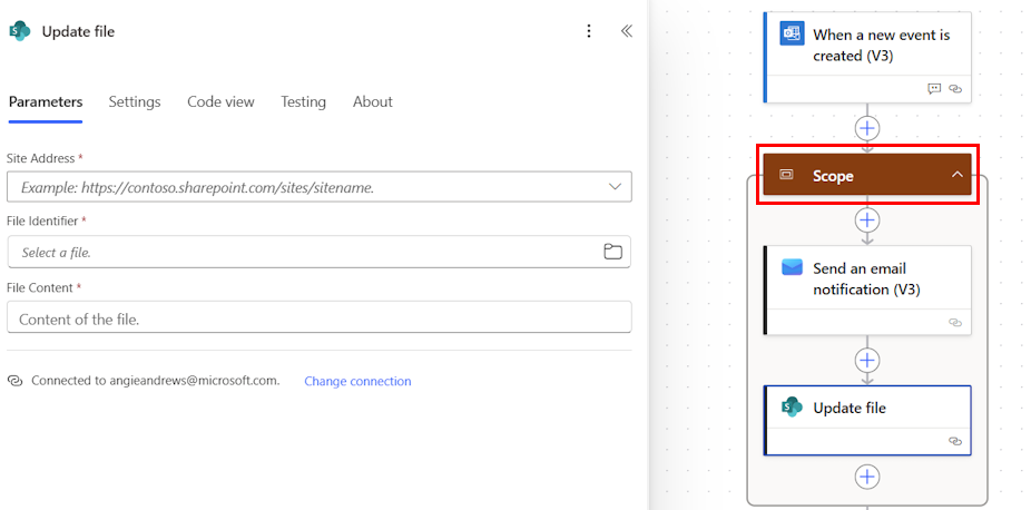<Screenshot of a scope in the new designer with two actions inside it: Send an email and Update file.>