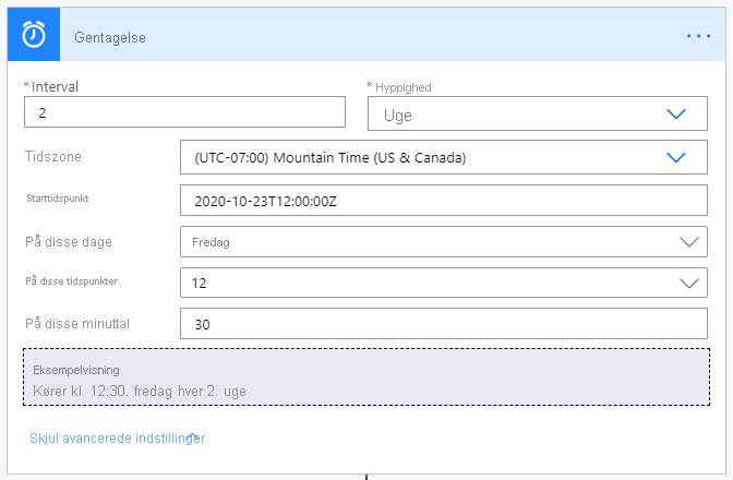 Screenshot that shows the advanced options for setting the recurrence.