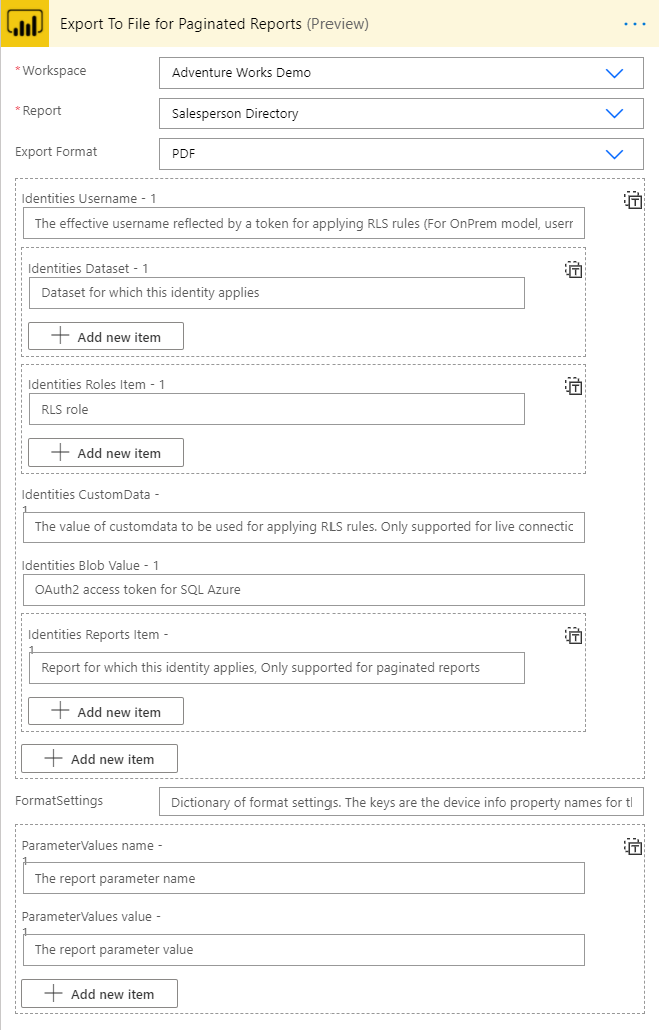 Screenshot that shows where to select the paginated report, the workspace, and the export format.