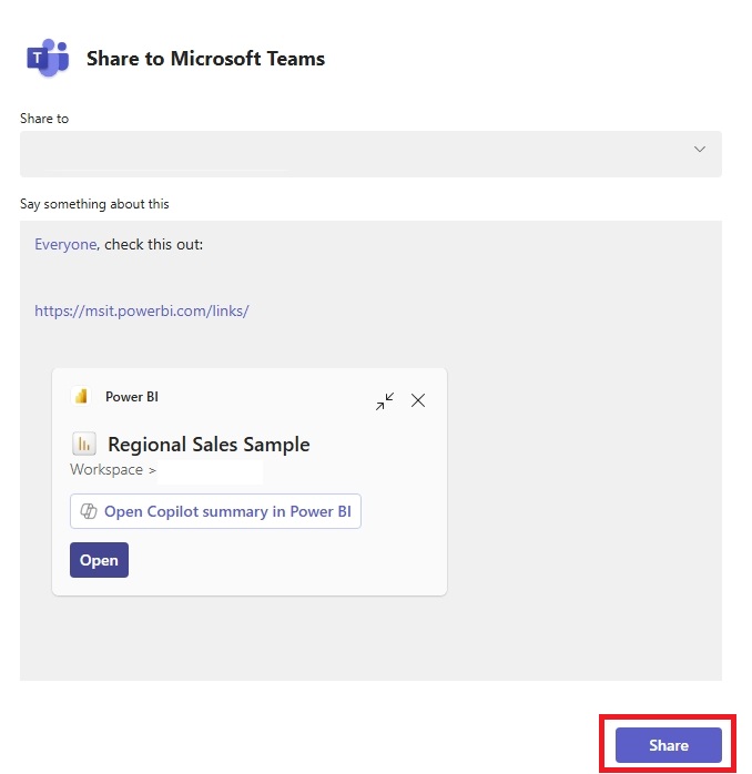 Skærmbillede, der viser delingsknappen og Teams-linket.