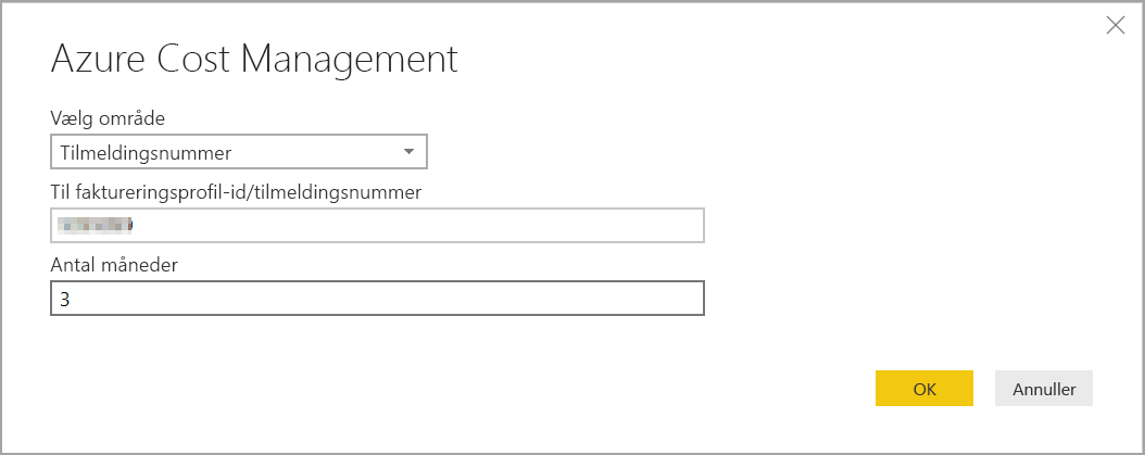 Skærmbillede, der viser egenskaberne for Microsoft Cost Management med området Tilmeldingsnummer.