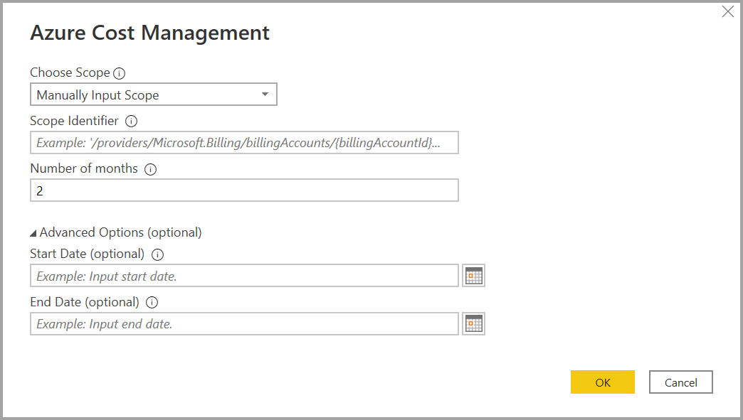 Skærmbillede af Microsoft Cost Management med input for antal måneder