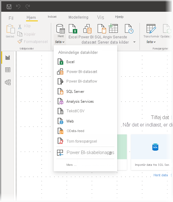 Skærmbillede, der viser menuen Hent data og menuen Almindelige datatyper i Power BI Desktop.