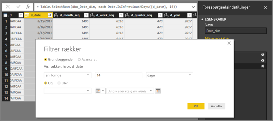 Screenshot that shows filtering rows for the last 14 days.